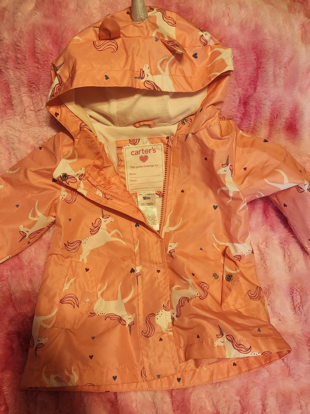 Carter's Peach Unicorn Hooded Raincoat